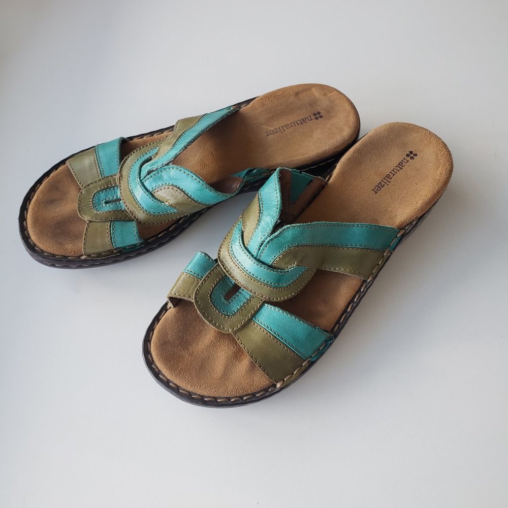 Naturalizer Teal and Olive Leather Slide Sandals